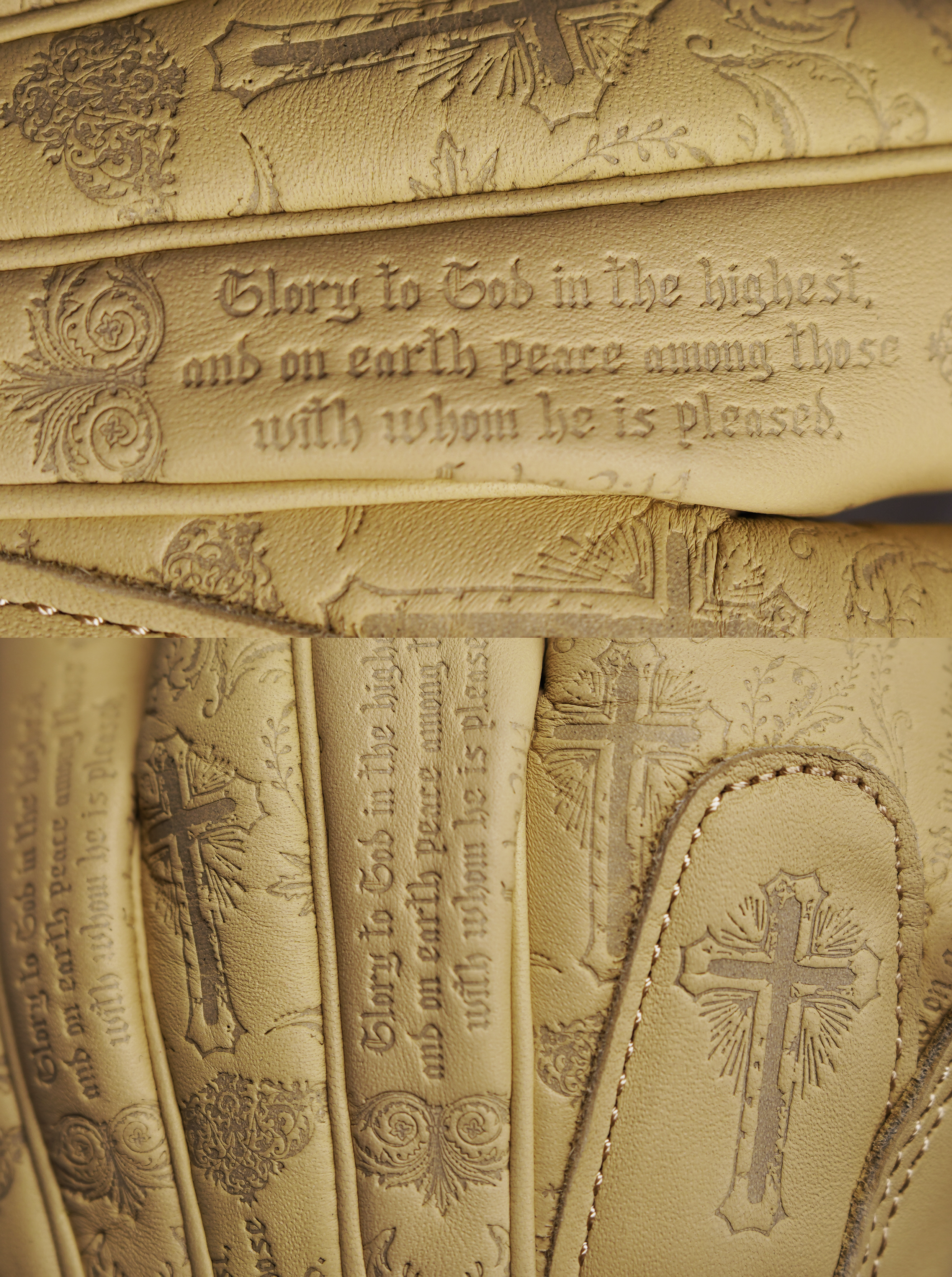 Two close-up views of a tan leather baseball glove featuring intricate, laser-etched religious designs. The top image focuses on the text 