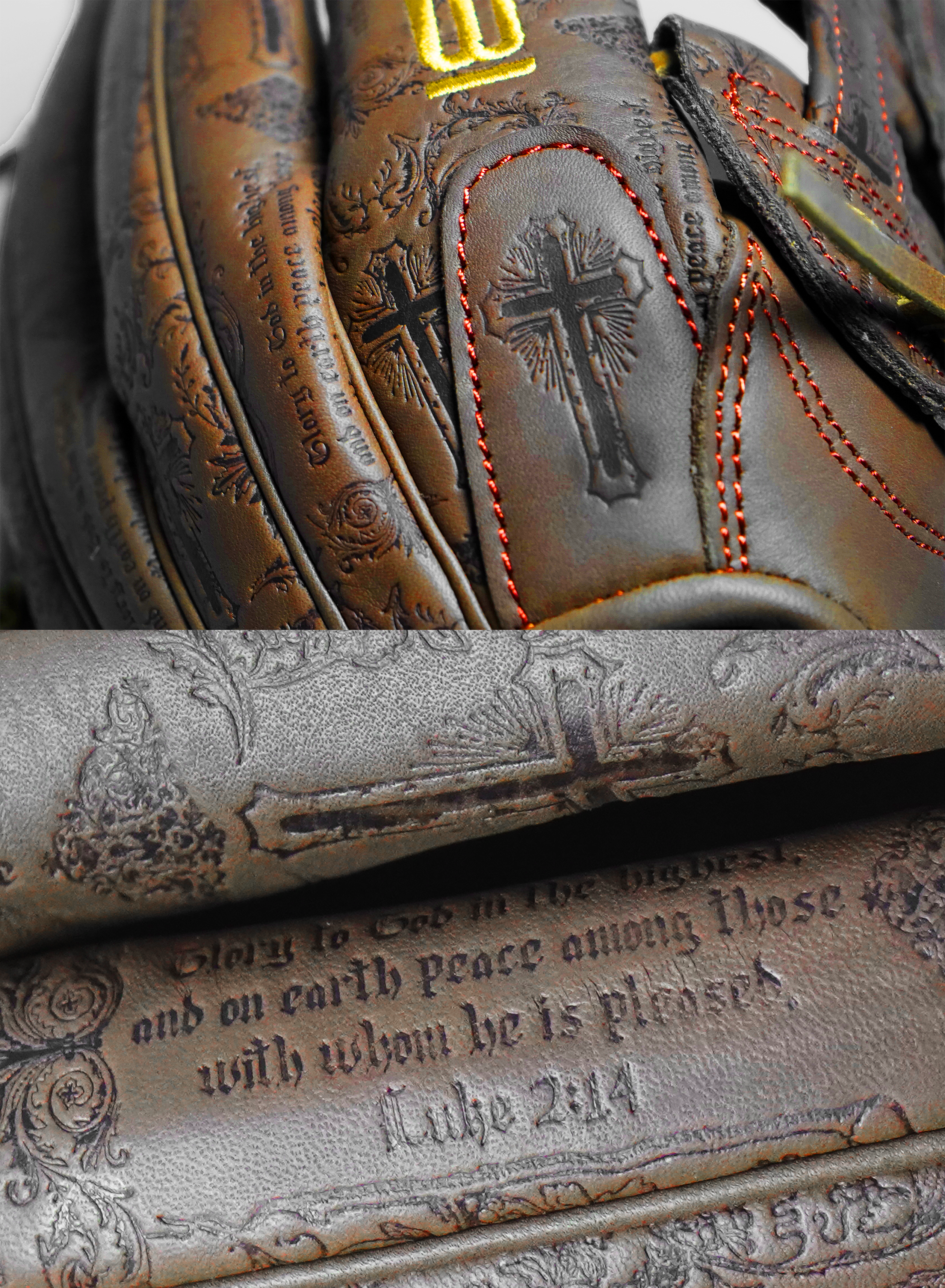 Close-up of leather shoes with intricate designs and text, featuring a cross and biblical verse.