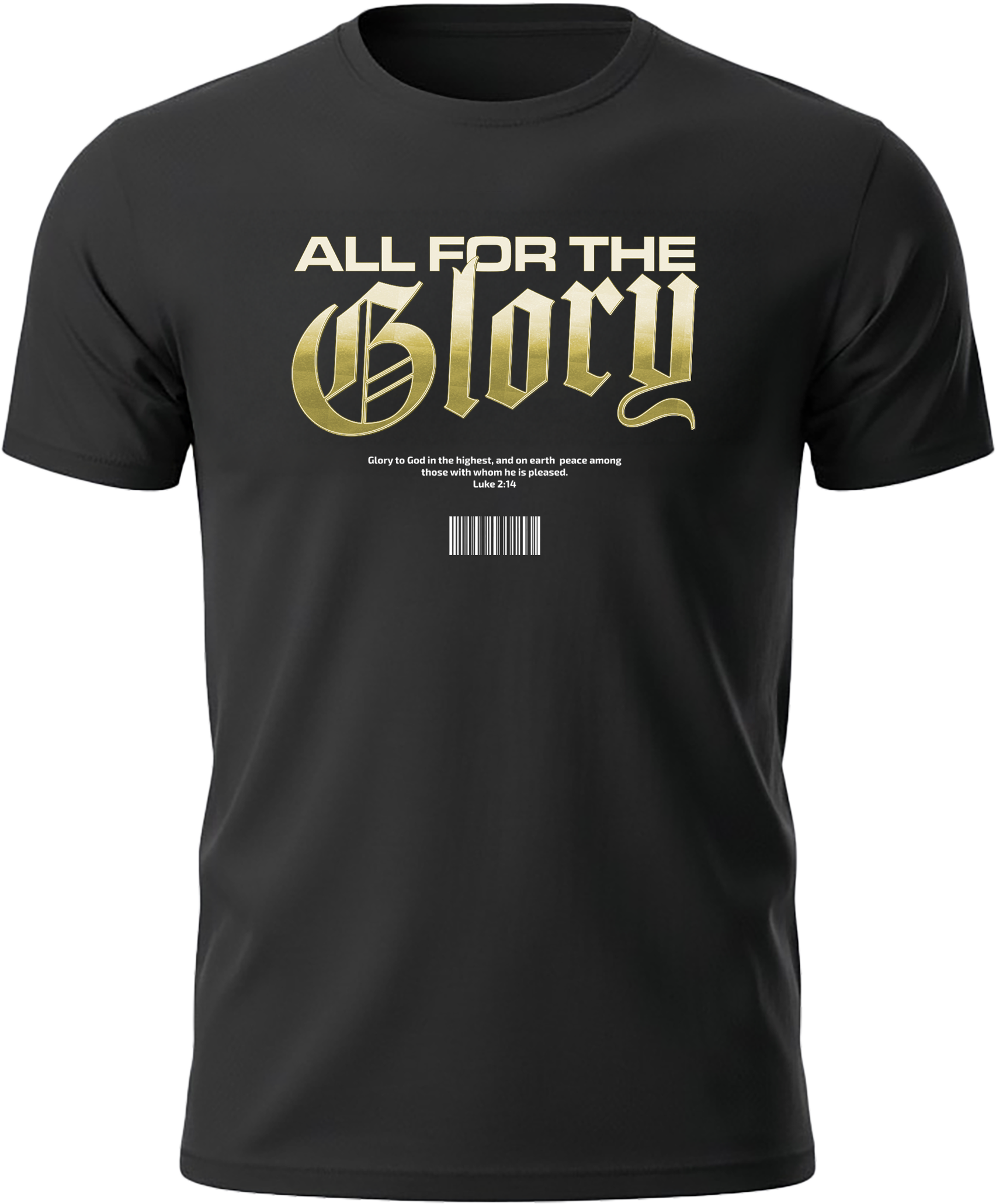 Black t-shirt with 'All for the Glory' text in gold on a white background