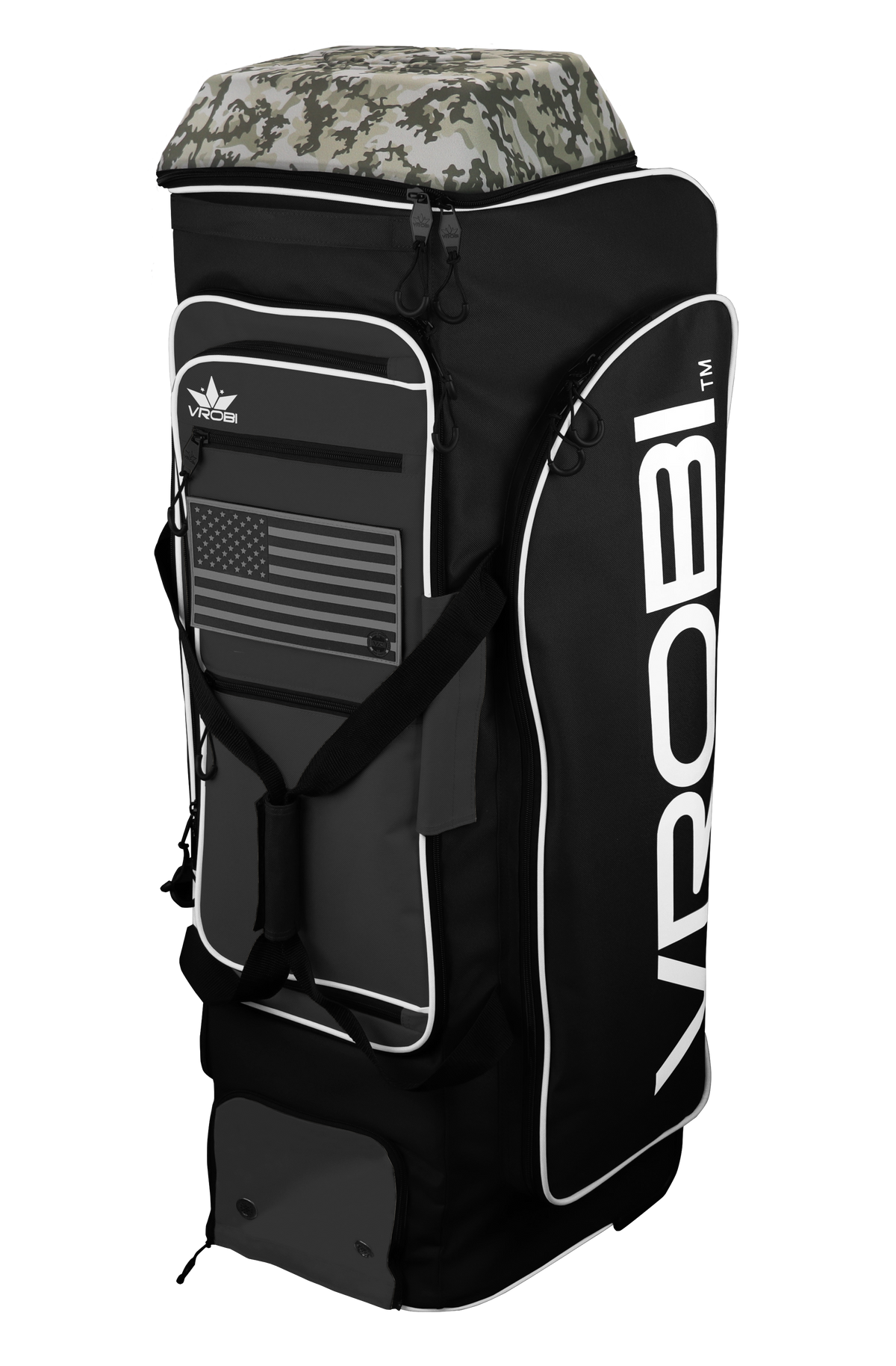 A Vrobi Black and Charcoal Infantry Catchers bag with an Army Woodland Camo Lid