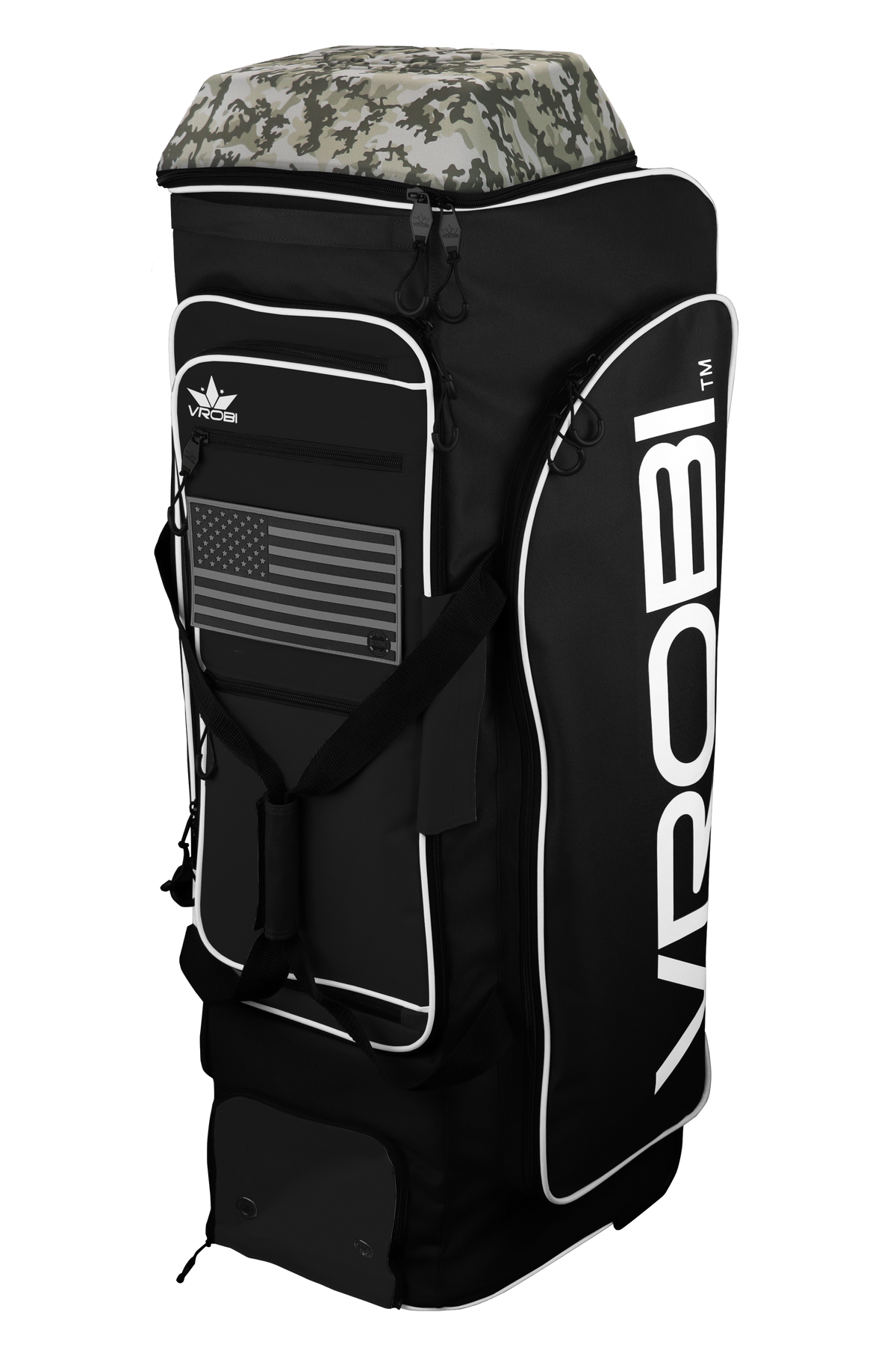 A Vrobi One Nation Black Infantry Catchers Bag with an Army Woodland Camo Lid