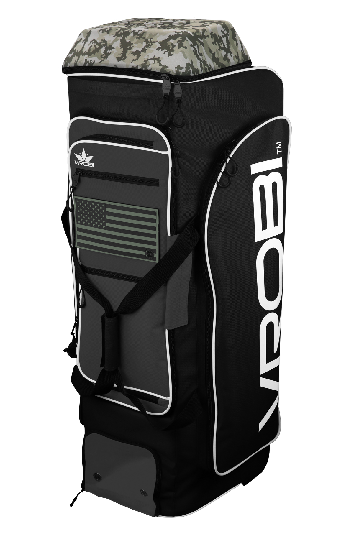 A Vrobi Black and Charcoal Infantry Catchers bag with an Army Green flag and Army Woodland Camo Lid