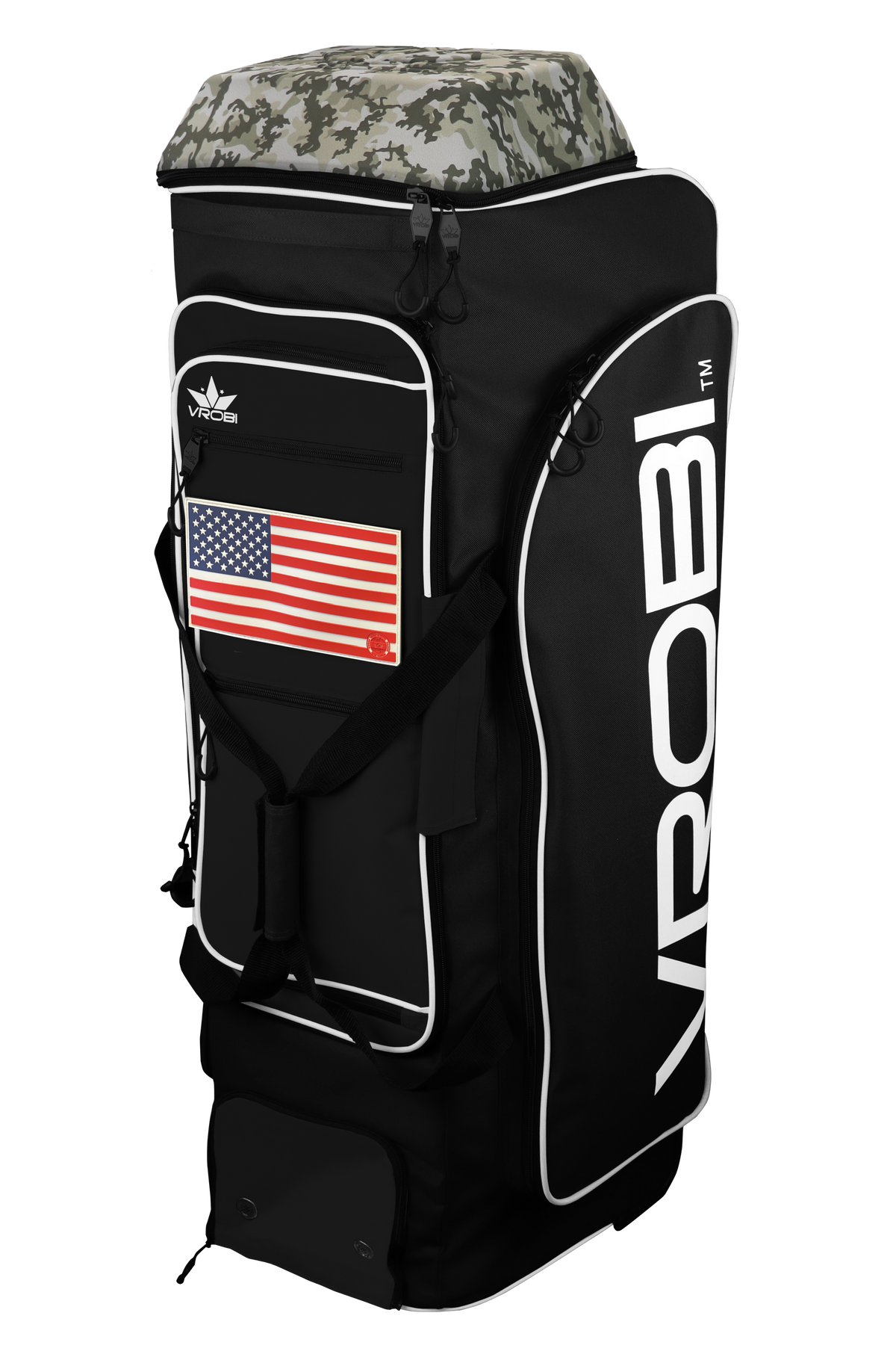 A Vrobi Black and USA Flag Infantry Catchers bag with an Army Woodland Camo Lid