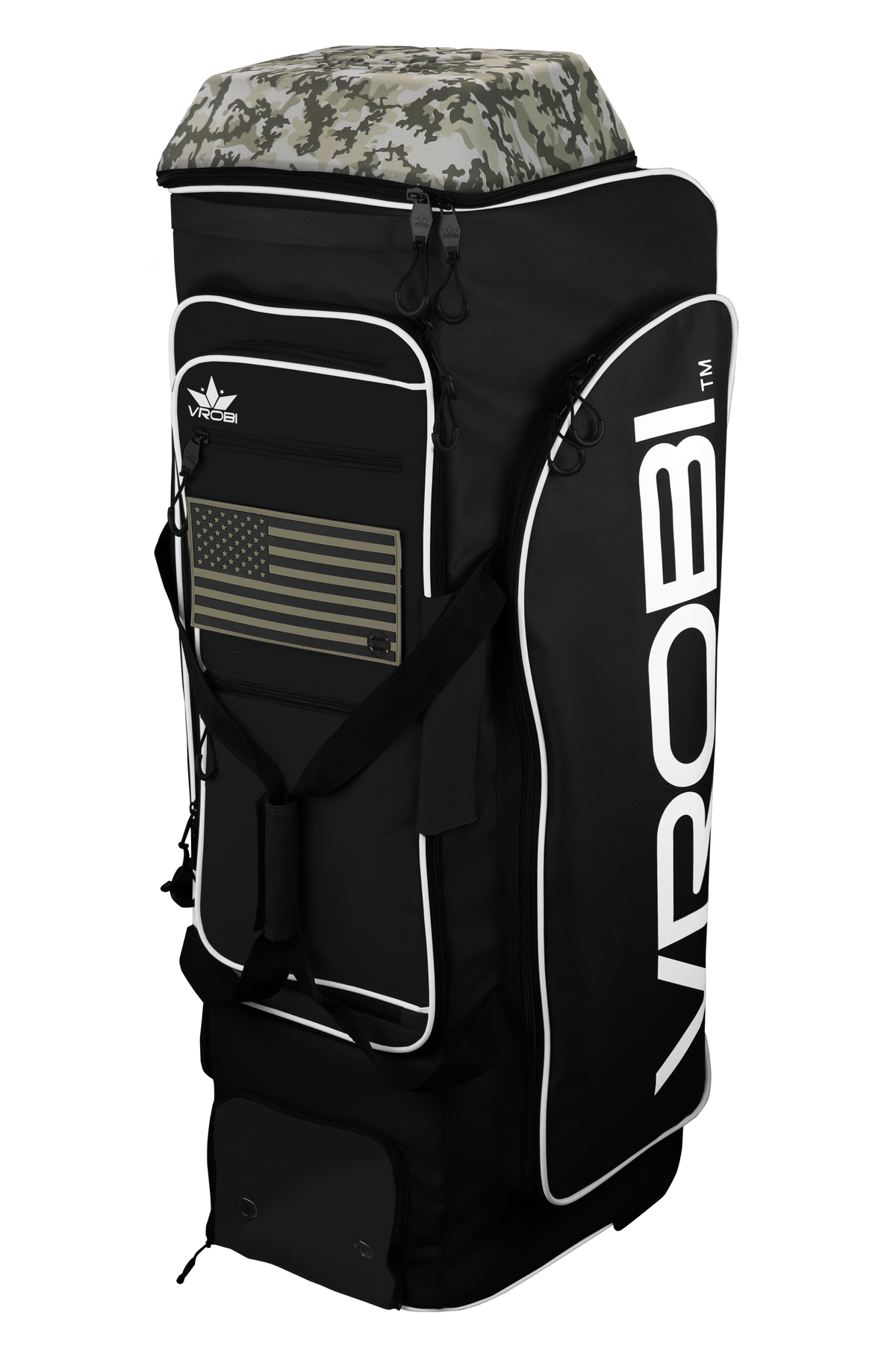 A Vrobi Black with Vegas Gold Flag Infantry Catchers bag with an Army Woodland Camo Lid