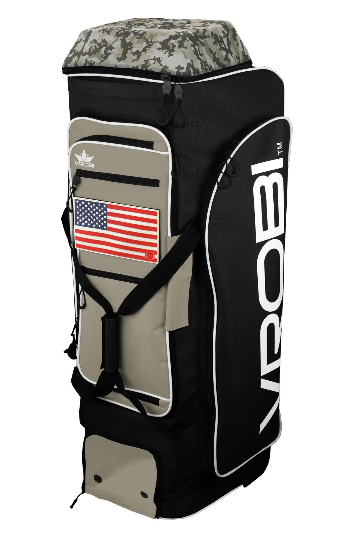 A Vrobi Black and Vegas Gold Infantry Catchers bag with a USA Flag and Army Woodland Camo Lid