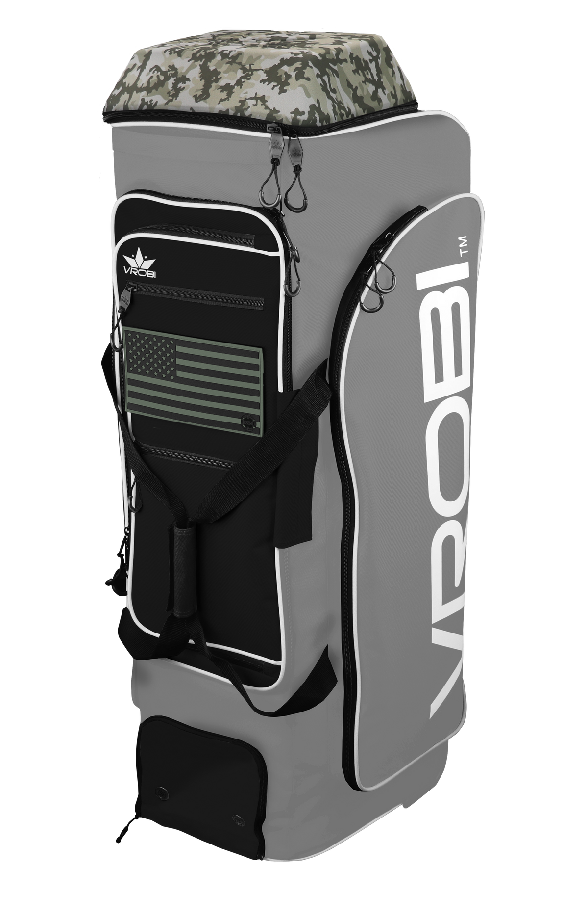 A Vrobi Grey and Black Infantry Catchers bag with an Army Green Flag and Army Woodland Camo Lid