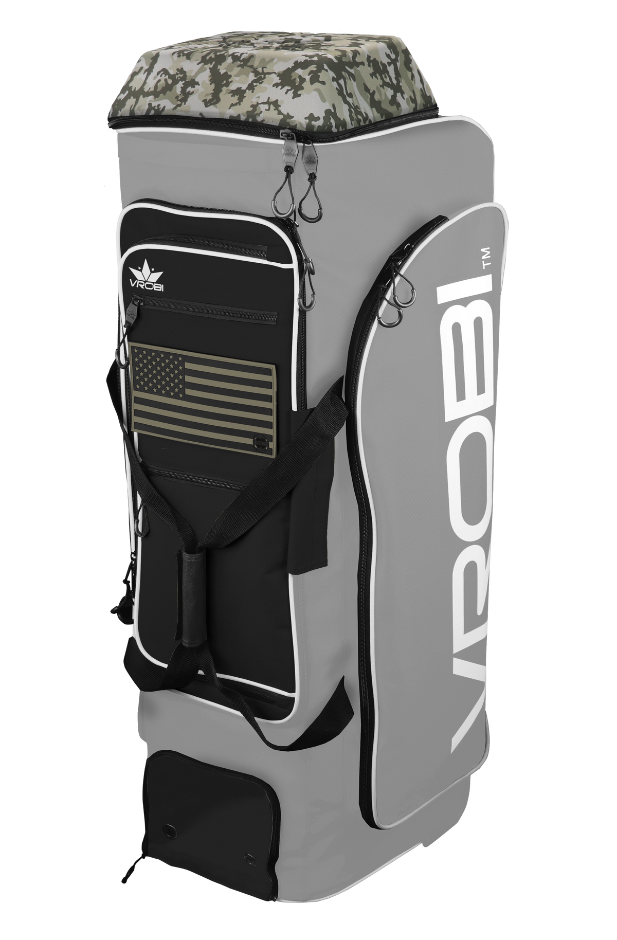 A Vrobi Grey and Black Infantry Catchers bag with a Vegas Gold Flag and Army Woodland Camo Lid