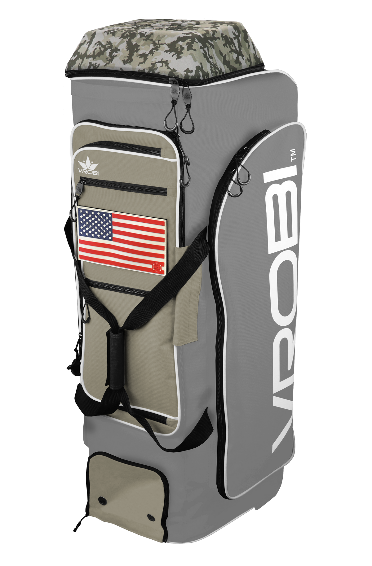 A Vrobi Grey and Vegas Gold Infantry Catchers bag with a USA Flag and Army Woodland Camo Lid