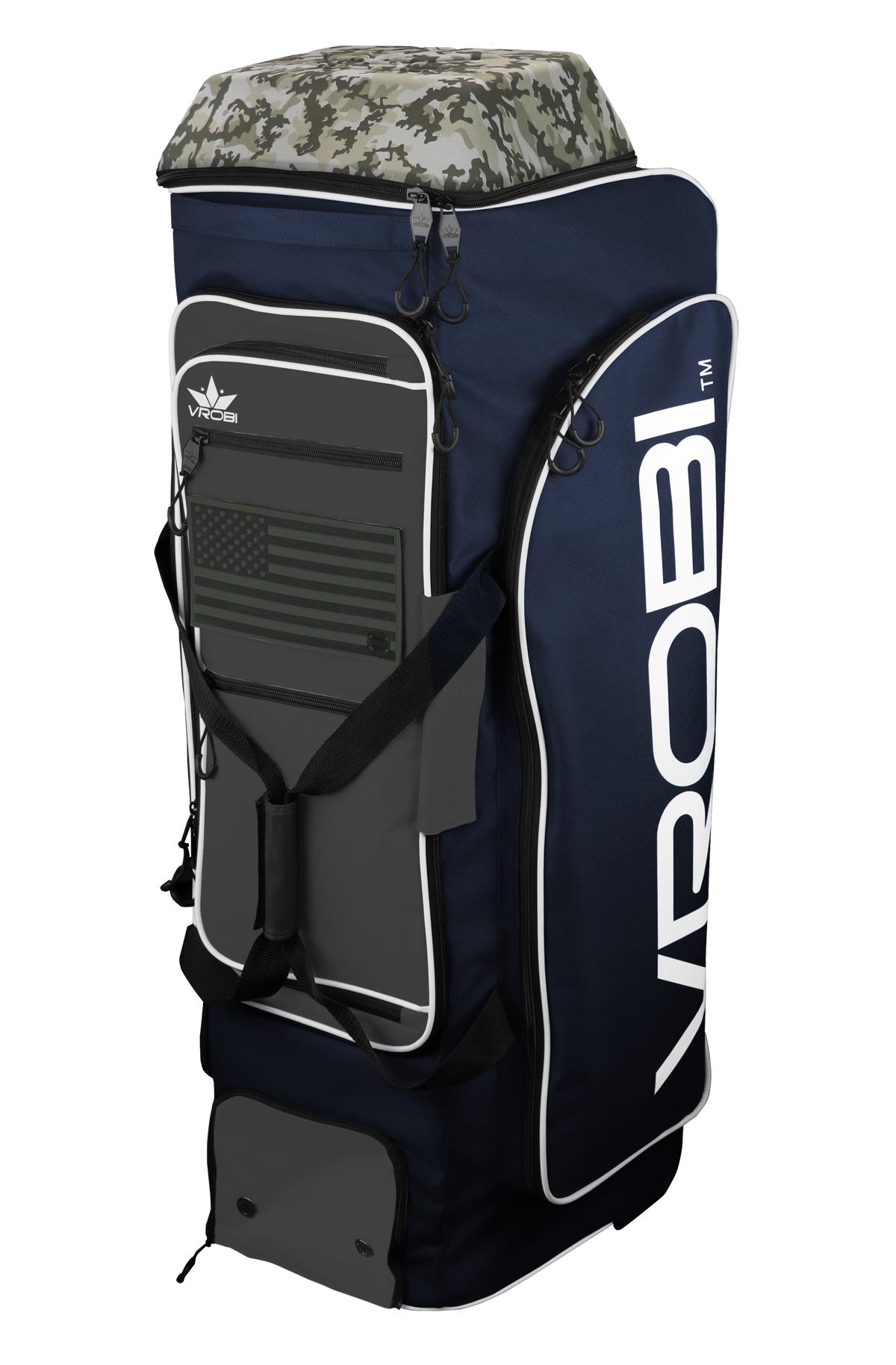 A Vrobi Navy and Charcoal Infantry Catchers bag with an Army Green Flag and Army Woodland Camo Lid