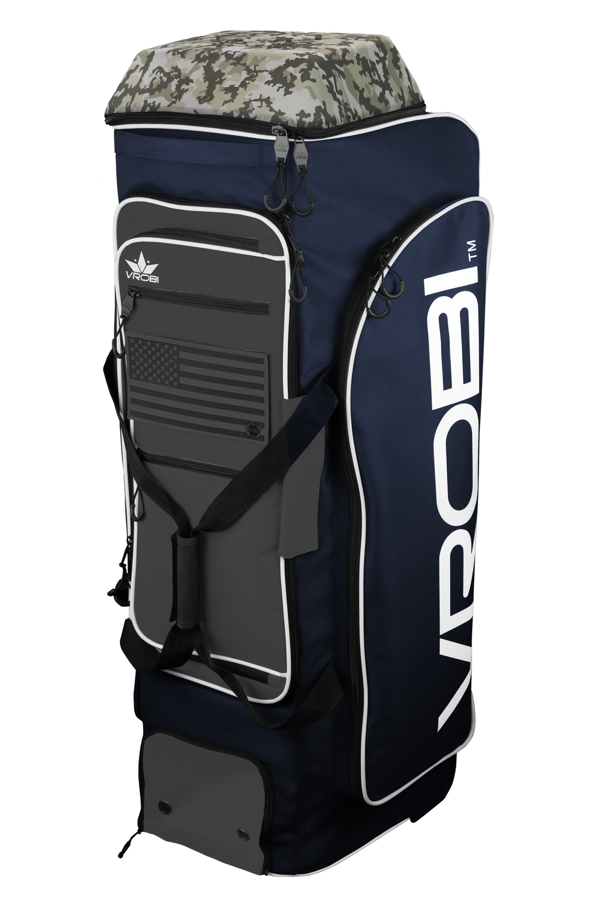 A Vrobi Navy and Charcoal Infantry Catchers bag with an Army Woodland Camo Lid