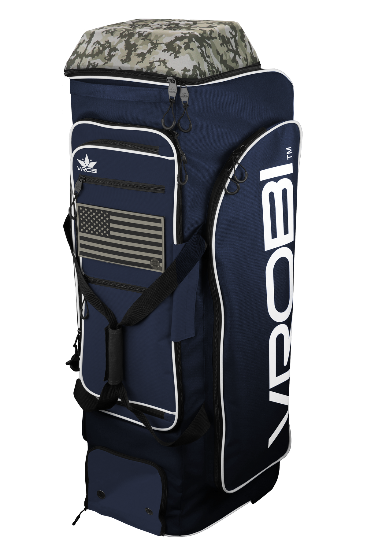 A Vrobi Navy Infantry Catchers bag with a Vegas Gold flag and an Army Woodland Camo Lid