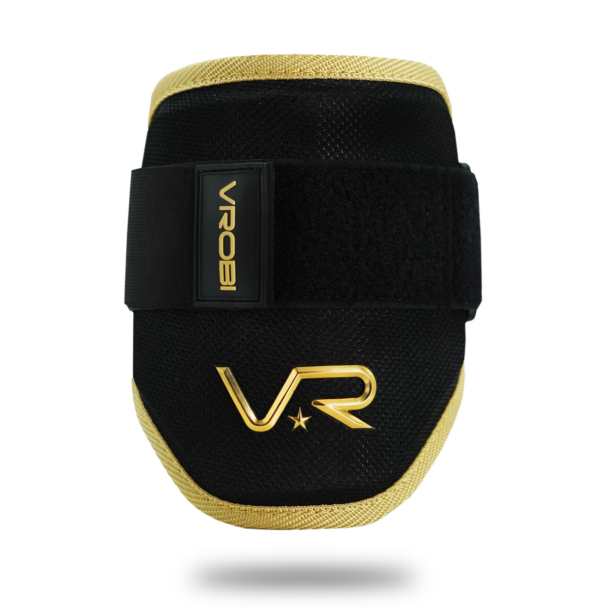 A Vrobi Black and Gold Baseball/Softball Elbow Guard with a Gold 3D logo