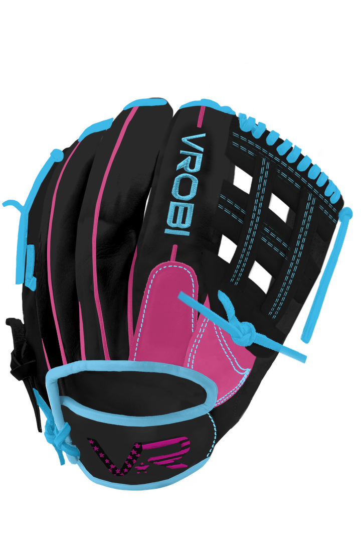 A Vrobi Black, Pink, and Blue Custom H Web Baseball Glove in U.S Steerhide Leather