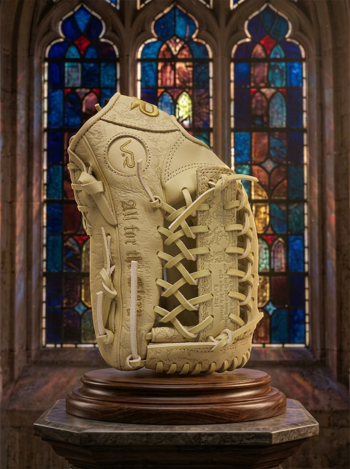 A tan VROBI "All for the Glory" baseball glove displayed on a wooden pedestal against a backdrop of a Gothic stained-glass window. The glove features intricate religious engravings, including a cross and scripture from Luke 2:14, with "All for the Glory" embroidered along the thumb.
