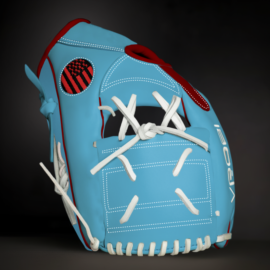 Blue baseball glove with white stitching on a black background