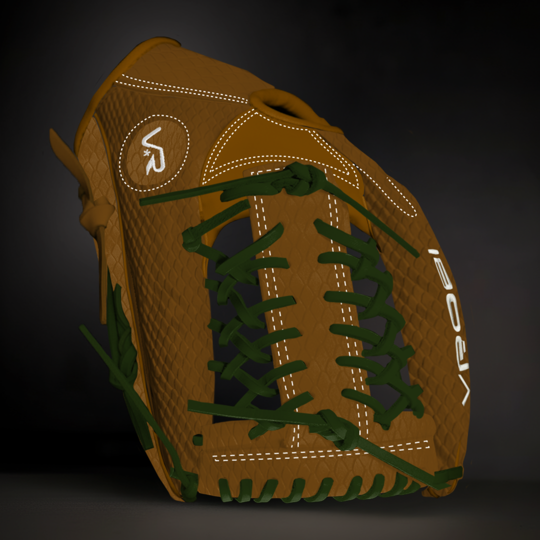 Brown baseball glove with green laces on a dark background