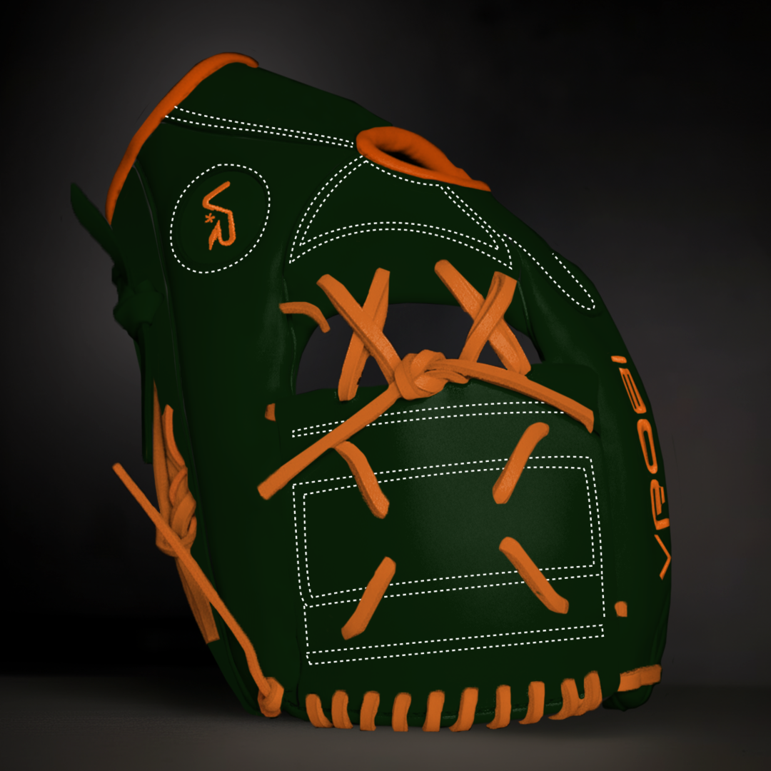 Green baseball glove with orange stitching on a dark background