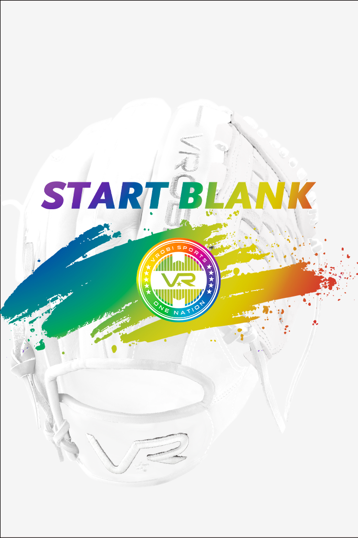 A white Vrobi custom baseball and softball glove with a rainbow start blank logo
