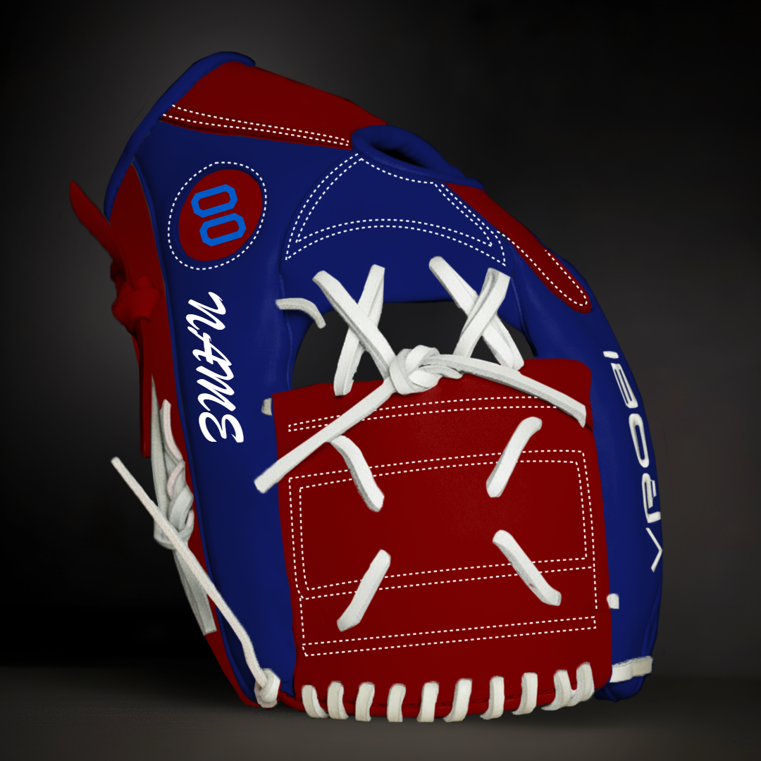 Red and blue baseball glove with white laces on a dark background