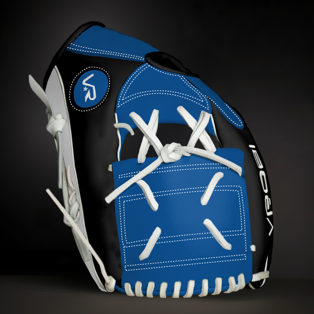 Custom Black, Blue, and White Baseball glove on a black background.
