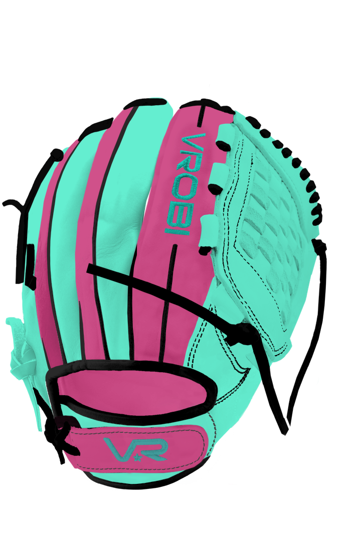 A custom Vrobi Black, Pink and Mint Basket Web Baseball Glove in Japanese Kip Leather
