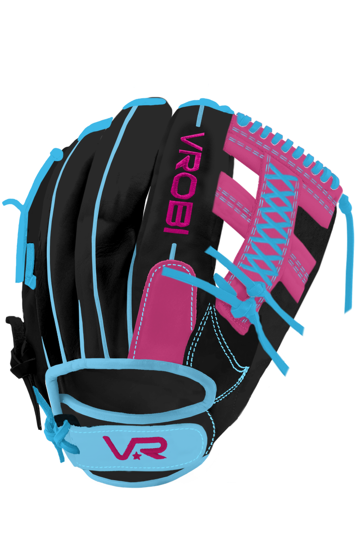 A custom Vrobi Black, Pink, and Blue Lace Post Baseball glove in U.S Steerhide Leather