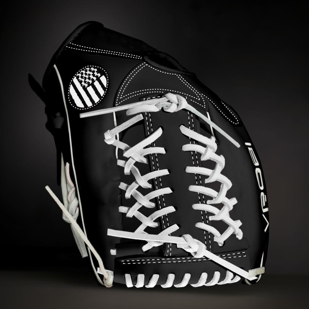 Black glove with white laces on a black background