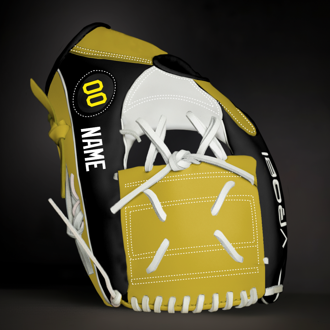 Yellow and black baseball glove with white laces on a dark background