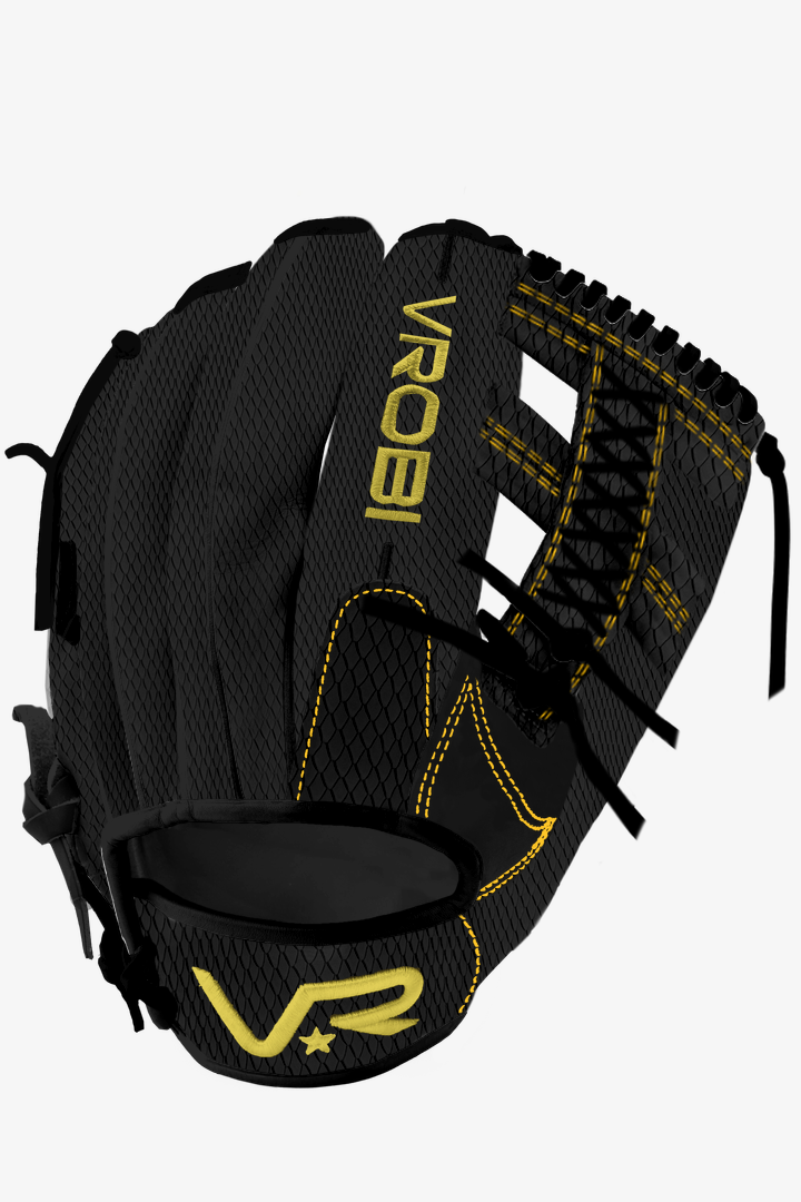 A Custom Vrobi Black and Gold Snakeskin Youth Outfield Baseball Glove in U.S Steerhide Leather