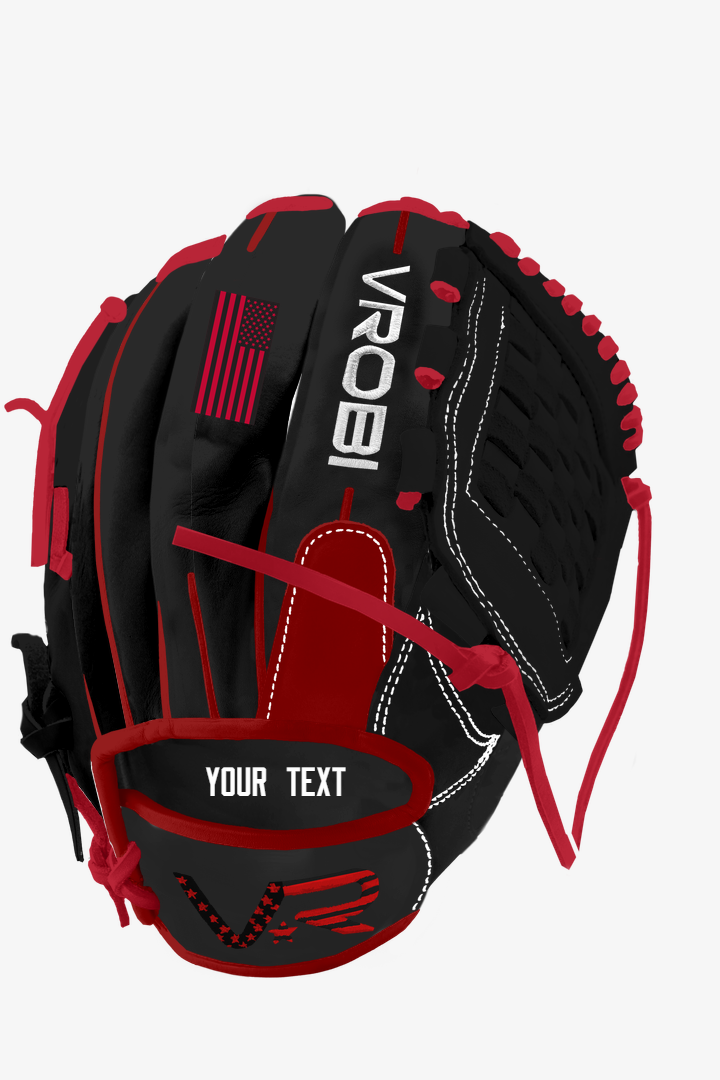 A custom Vrobi Black and Red Cowhide Fastpitch glove with USA Flag embroidery