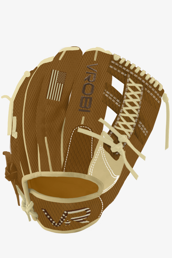 A custom Vrobi Brown Snakeskin and Tan Outfield Baseball Glove in U.S Steerhide Leather with a Lace Post web