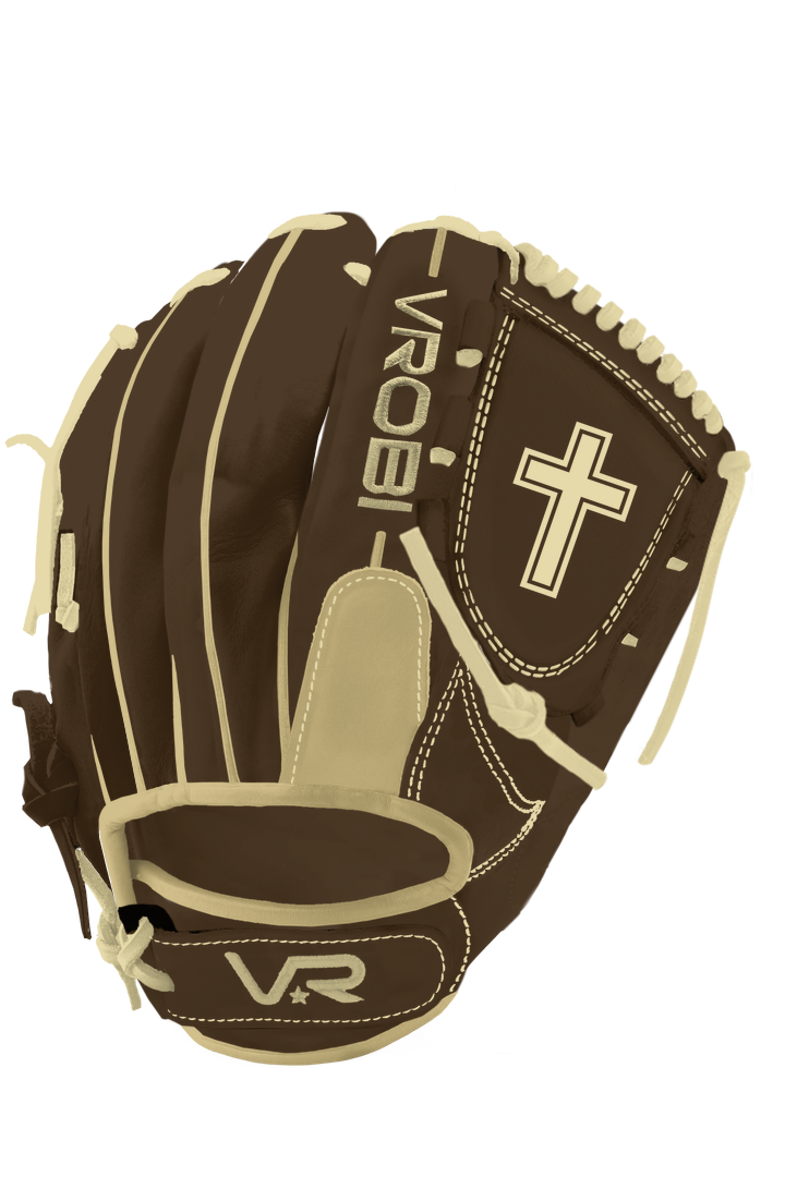 A custom Vrobi Brown and Tan Pitchers Baseball Glove in Japanese Kip Leather with a Cross Embroidery on the Web