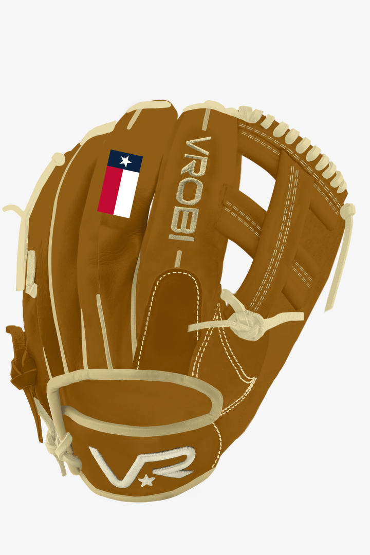 A custom Vrobi Brown and Tan Japanese Kip Outfield Baseball Glove with Texas State Flag Embroidery