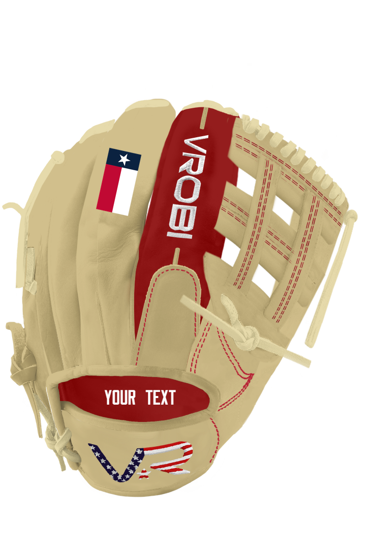 A custom Vrobi Tan and Red H web glove in Cowhide Leather with a Texas Flag Embroidery