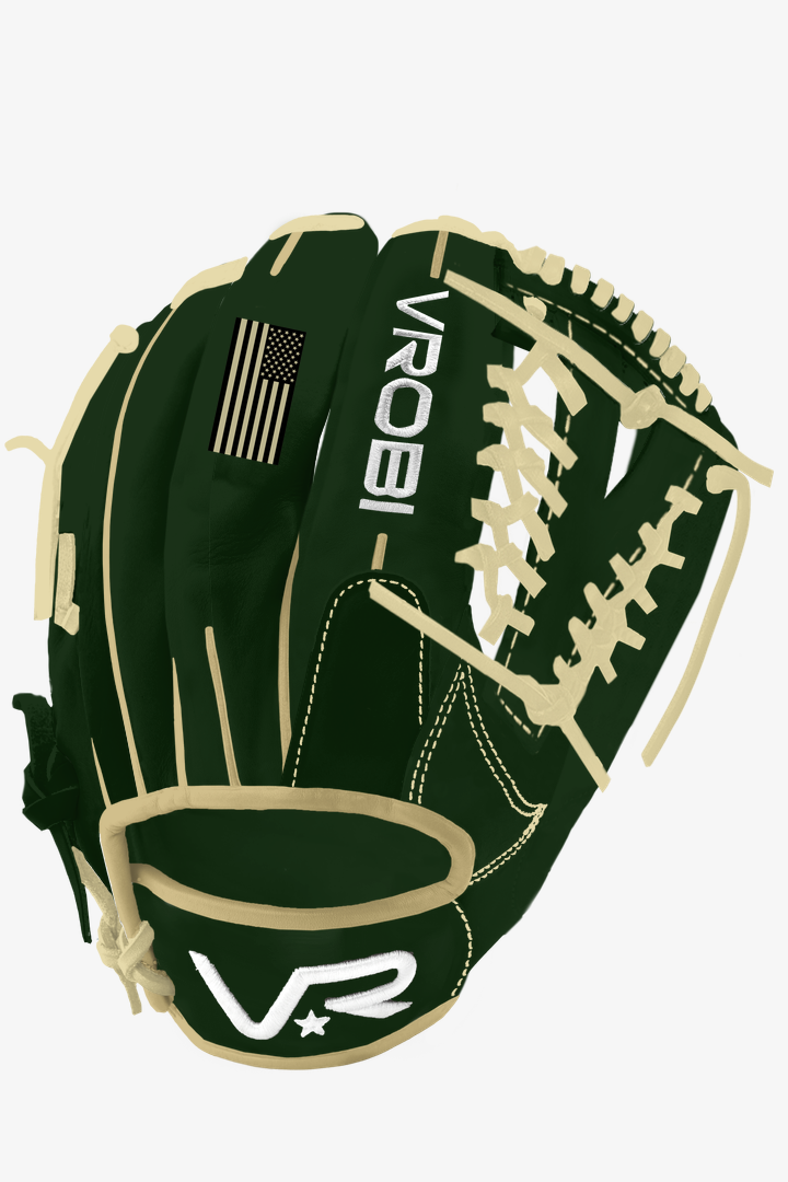 A custom Vrobi Dark Green and Tan Baseball glove with y web and USA Flag embroidery in Japanese Kip leather