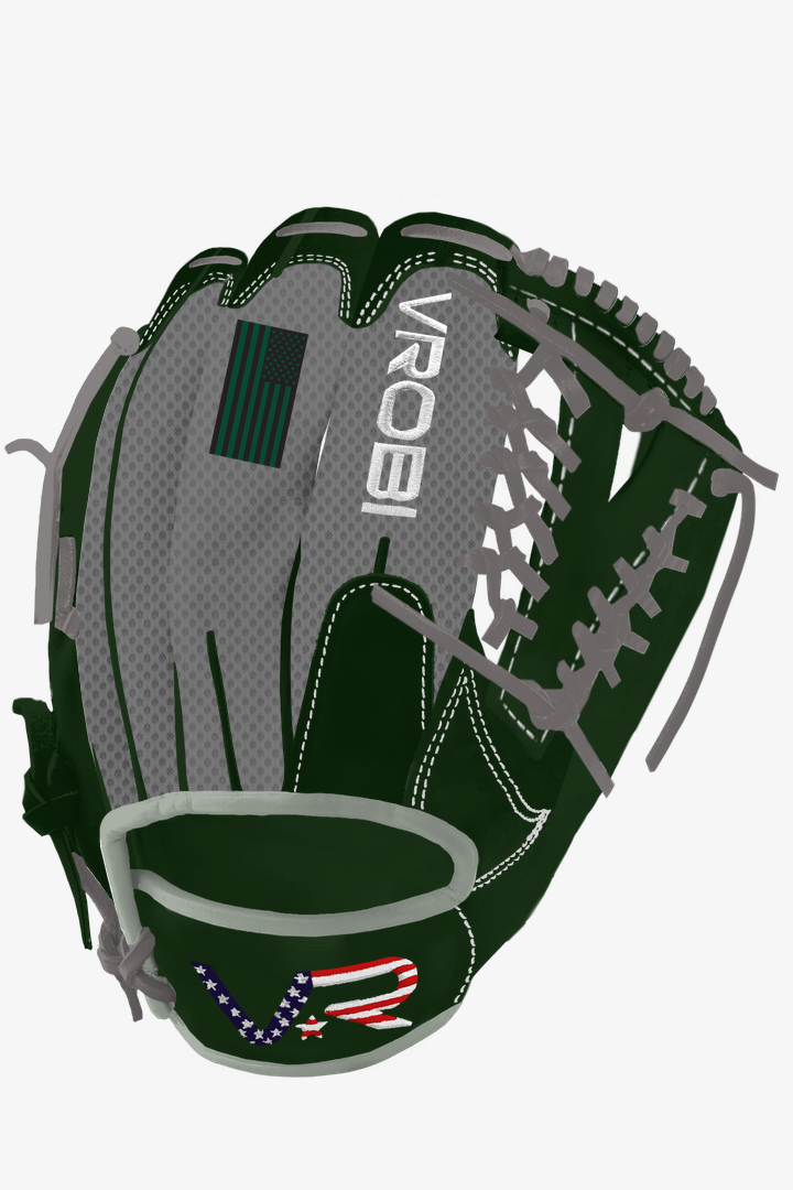 A custom Vrobi Grey and Dark Green Y Web Baseball Glove with a Y Web and USA Flag Embroidery in Japanese Kip Leather