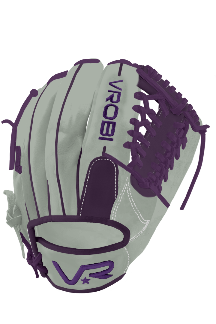 A Vrobi Custom Youth Grey and Purple Baseball glove in U.S Steerhide Leather