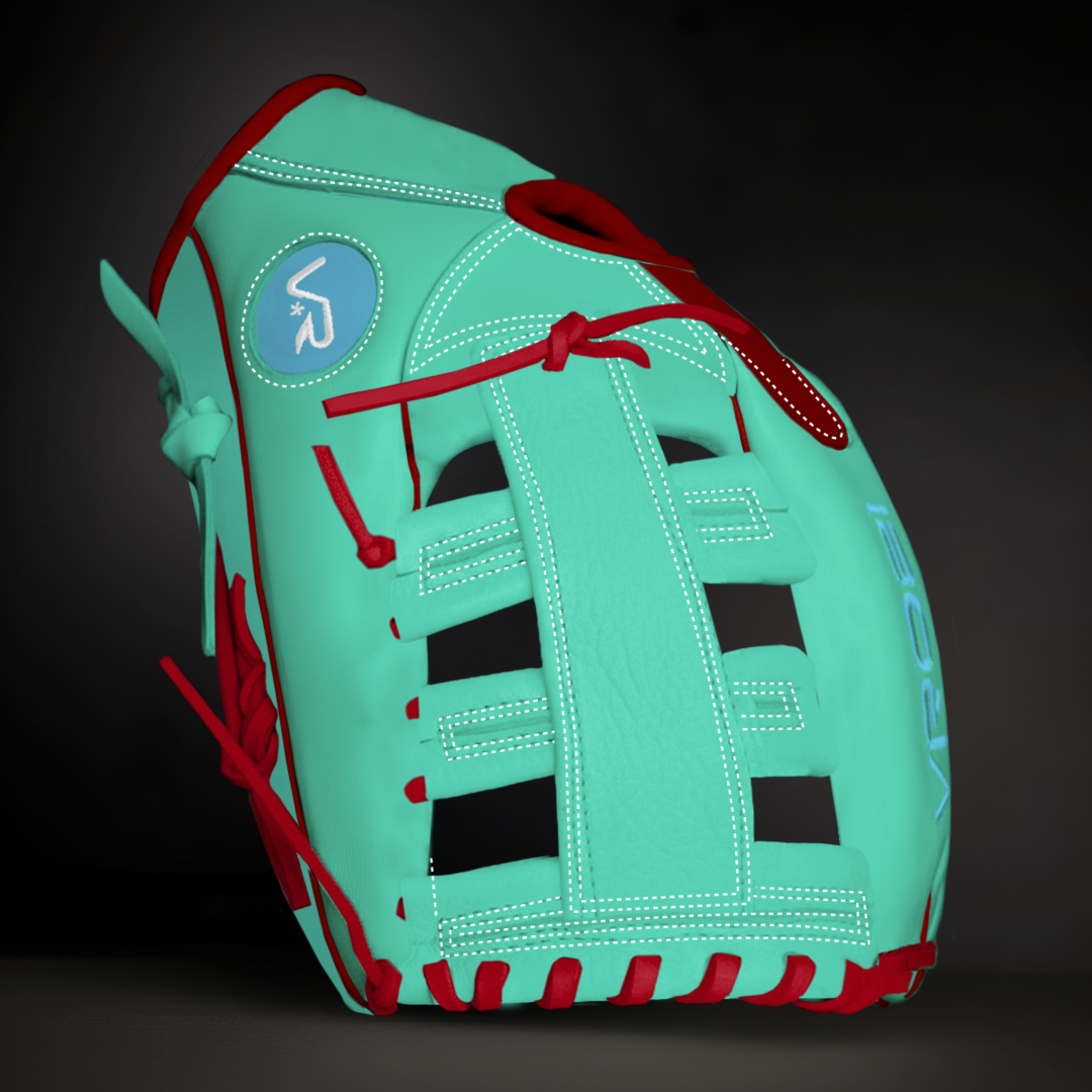 Teal and red baseball glove on a dark background