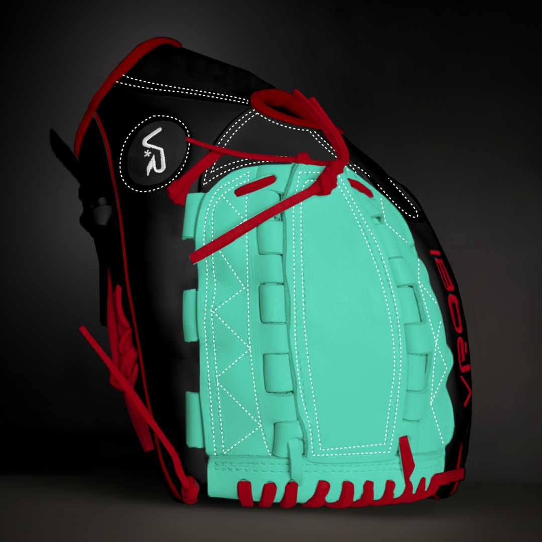 Custom VROBI Glove in Mint, Black, and Red on a black background