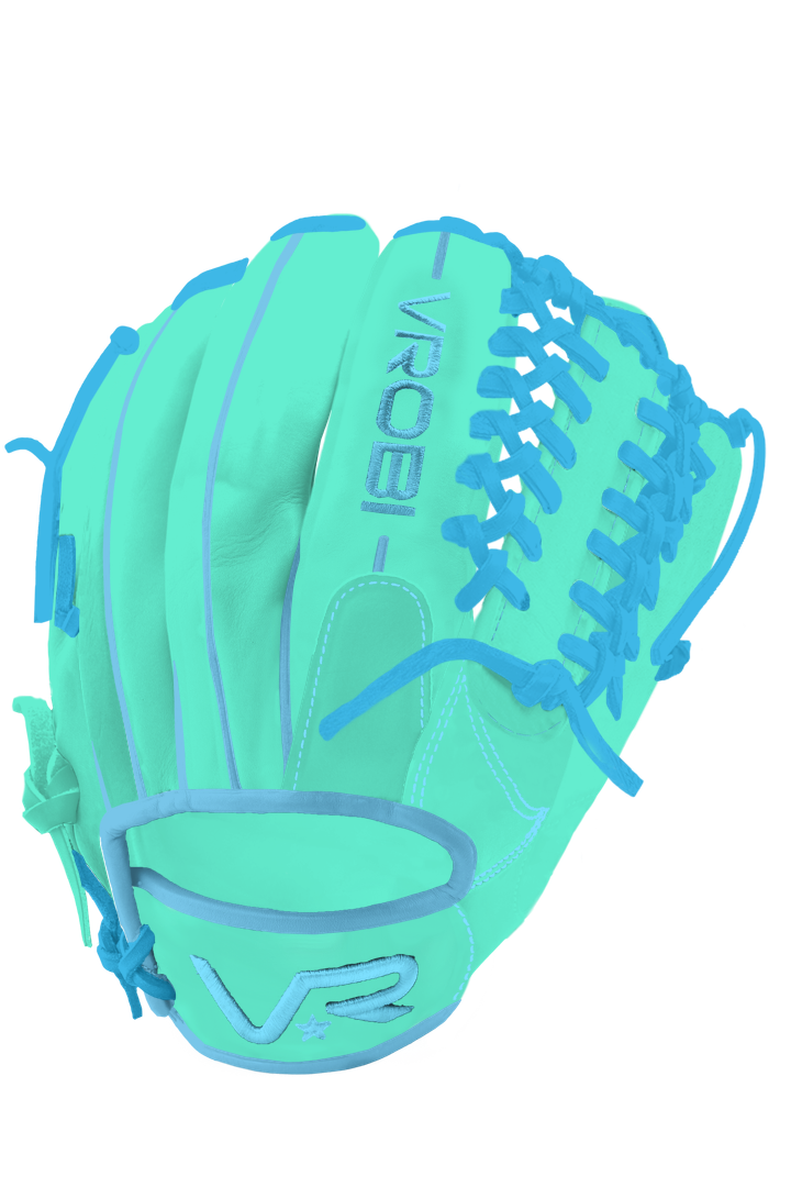 A custom Vrobi Mint and Blue Youth Baseball Glove in U.S Steerhide Leather