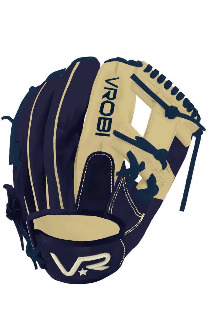 A custom Vrobi Tan and Navy I web Infield Baseball glove in Japanese Kip Leather