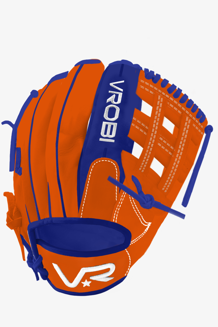 A custom Vrobi Orange and Royal Blue H Web Baseball glove in Japanese Kip Leather