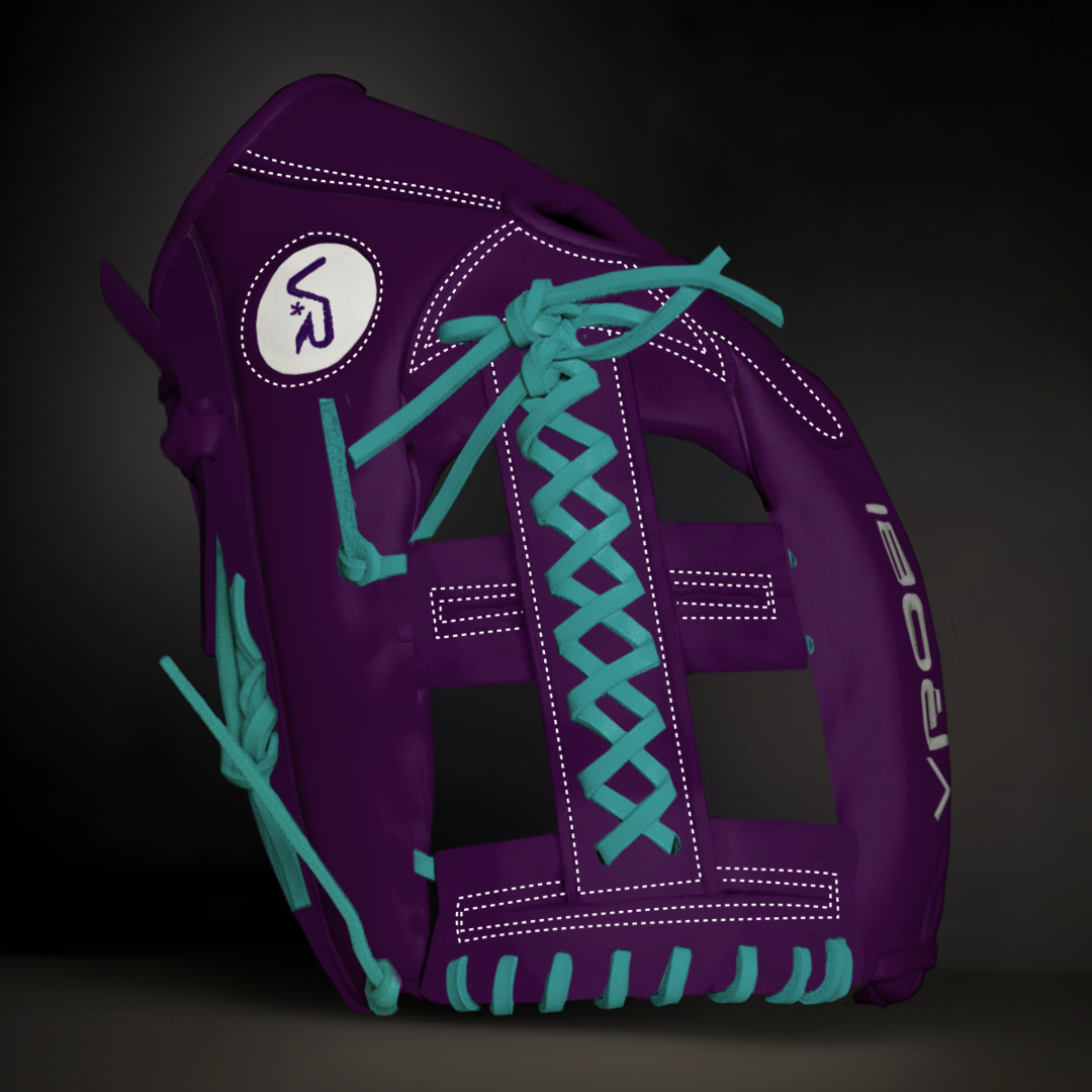 A Purple softball glove with mint laces on a black background