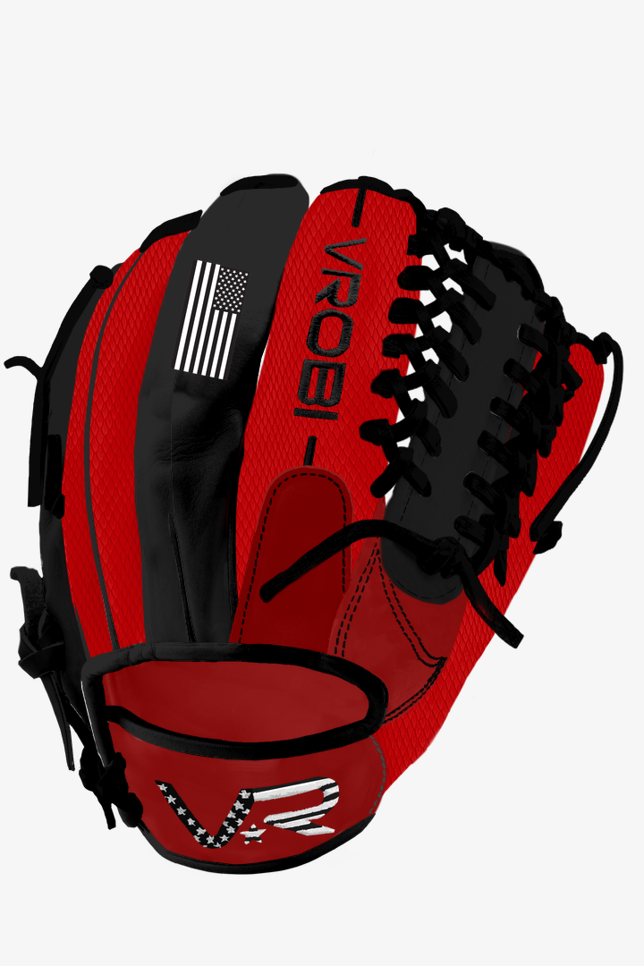 A custom Vrobi Red Snakeskin and Black Japanese Kip Baseball Glove with USA Embroidery