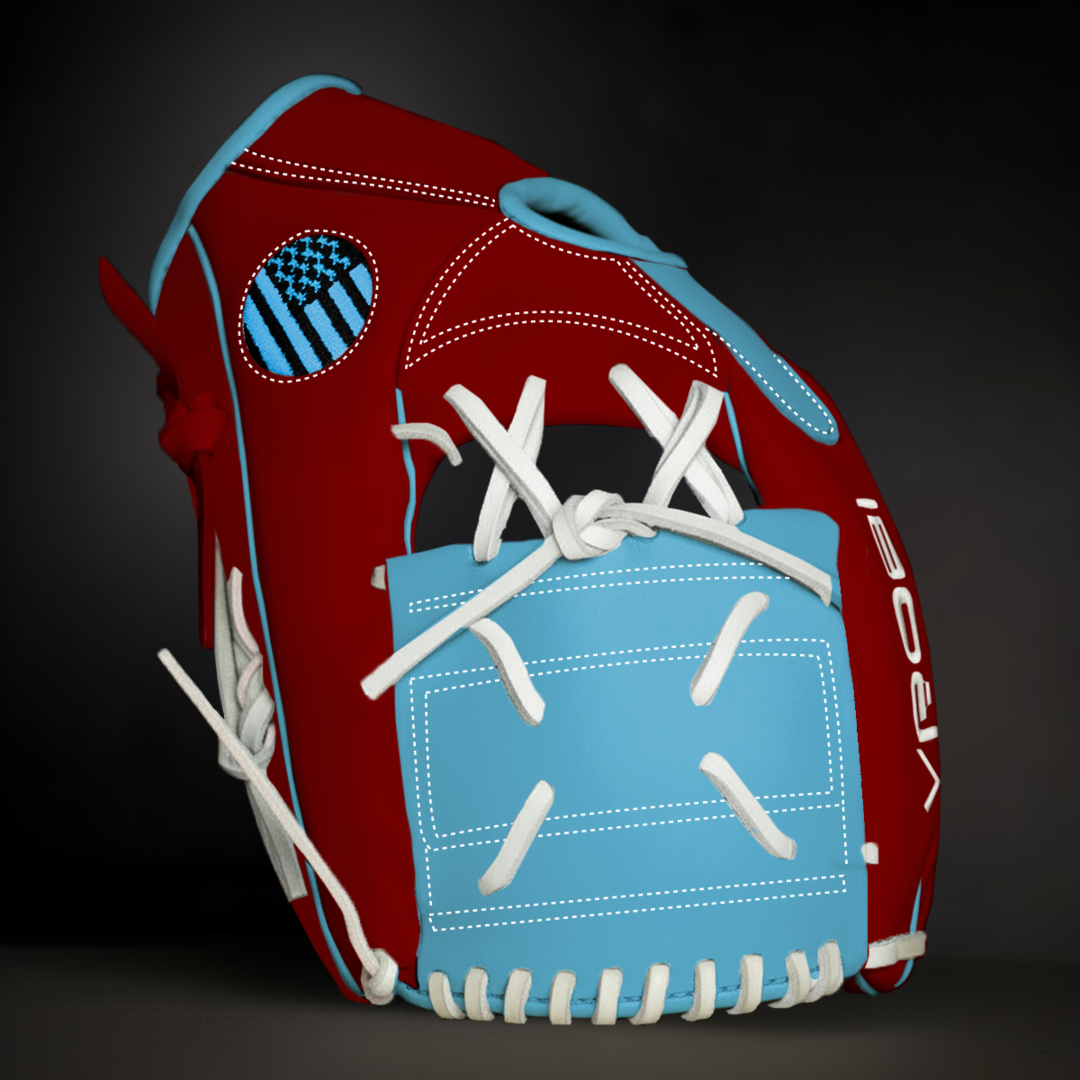 Red and blue baseball glove with white laces on a dark background