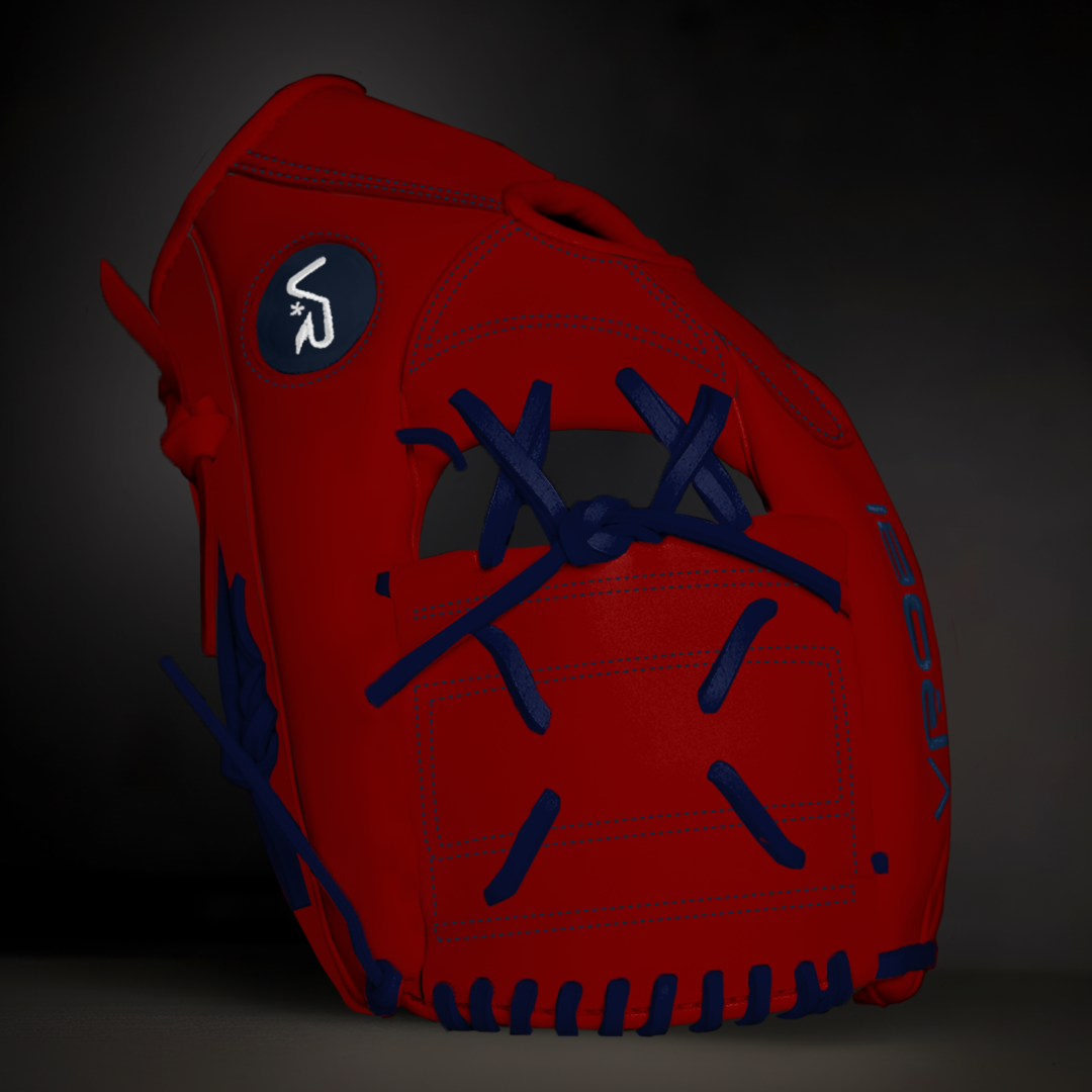 Custom red and Navy VROBI glove on a black background