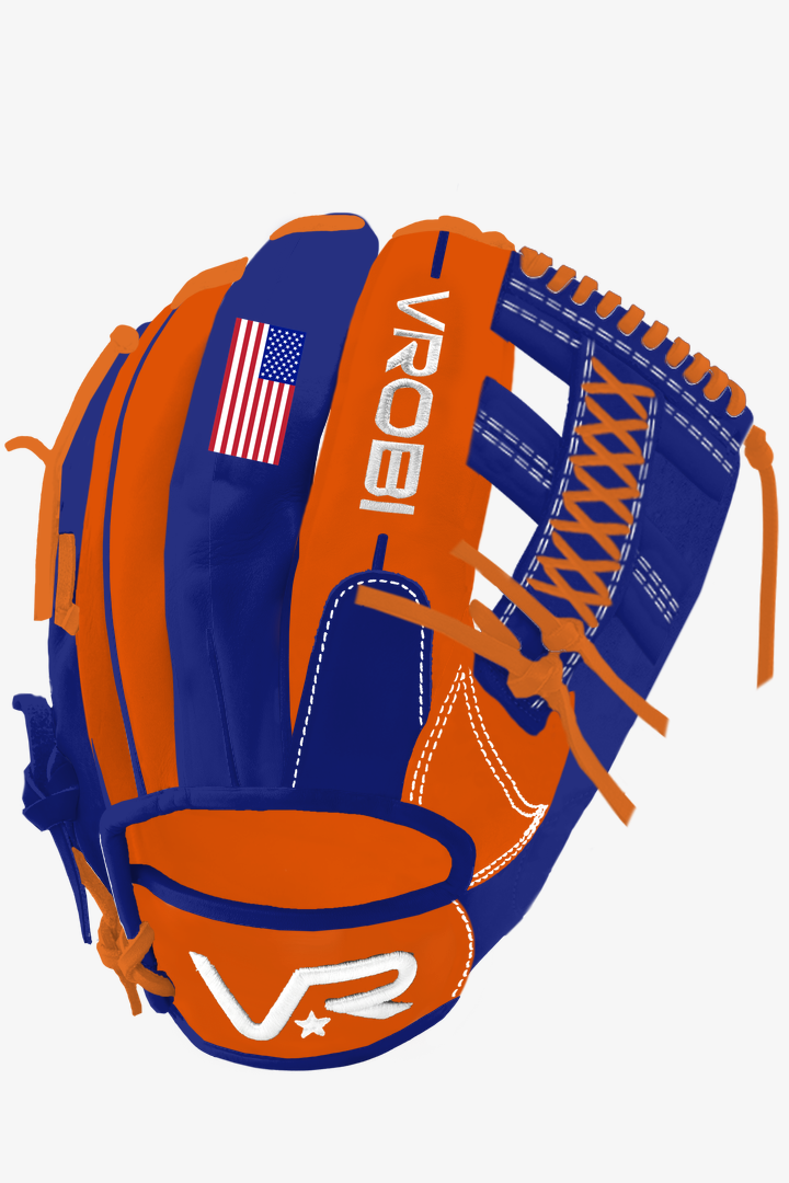A custom Vrobi Royal Blue and Orange U.S Steerhide Youth Baseball Glove with USA Flag embroidery