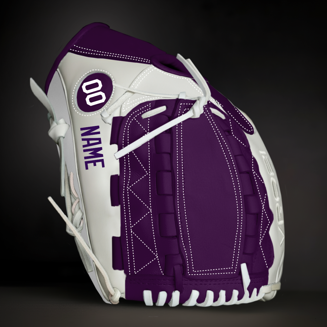 Purple and white softball glove on a black background