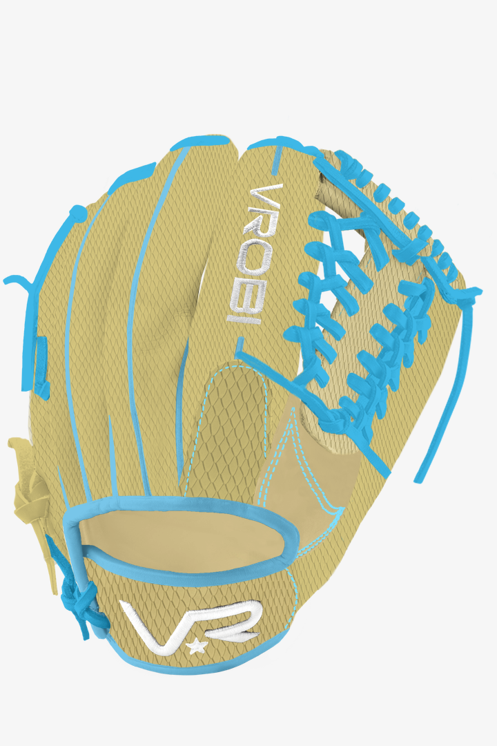 A custom Vrobi Tan Snakeskin and Blue Baseball glove with a Modified T Web in Japanese Kip Leather