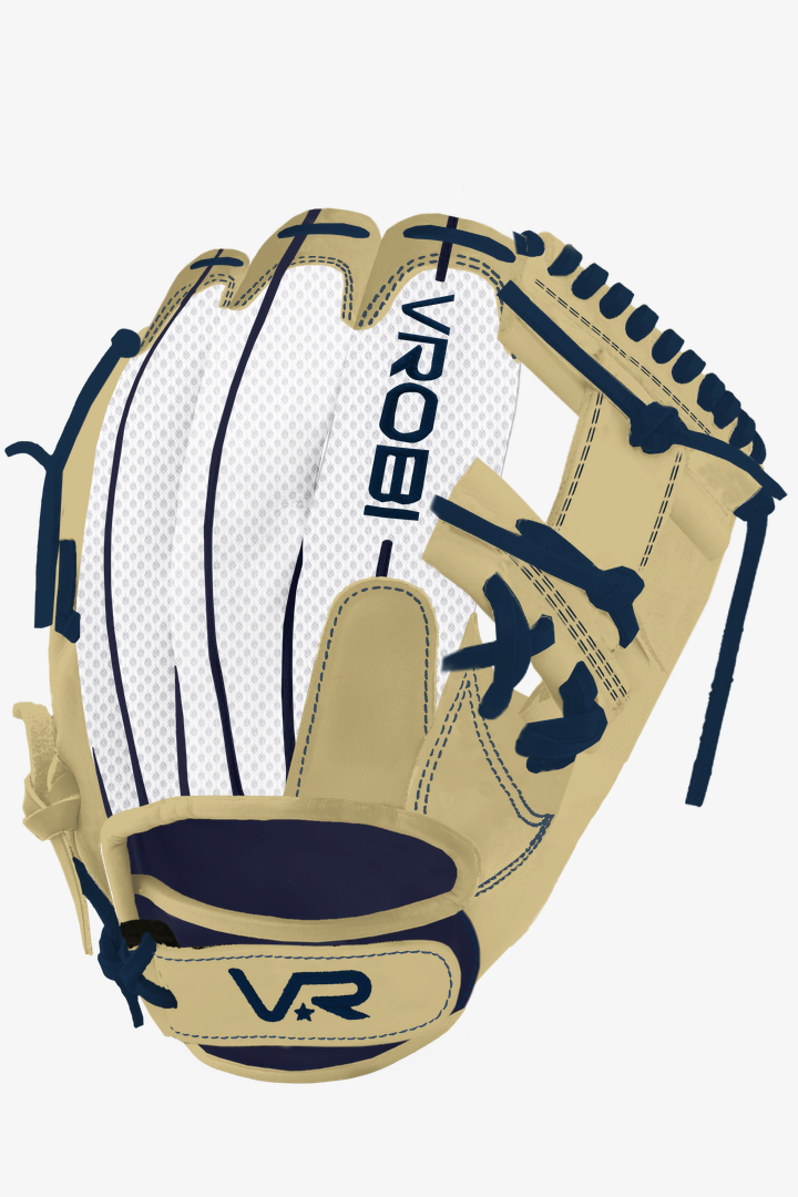 A custom Vrobi Tan and Navy Cowhide Fastpitch Glove with Mesh Backing